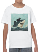 Cat Riding a Shark Artwork Youth's T-shirt