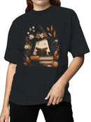 Autumn Witch Reading with Cozy Ghost Women's T-shirt