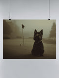 Golf Course Dog in Morning Mist UN Poster