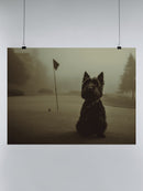 Golf Course Dog in Morning Mist UN Poster