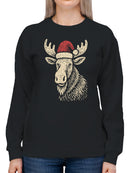 Festive Moose with Santa Hat Women's Sweatshirt